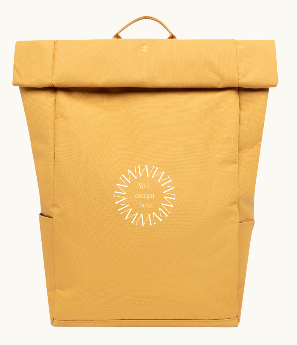Sustainable branded merchandise rolltop 15L backpack in mustard with padded straps, made from 24 recycled PET bottles.