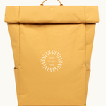 Sustainable branded merchandise rolltop 15L backpack in mustard with padded straps, made from 24 recycled PET bottles.