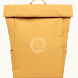 Sustainable branded merchandise rolltop 15L backpack in mustard with padded straps, made from 24 recycled PET bottles.