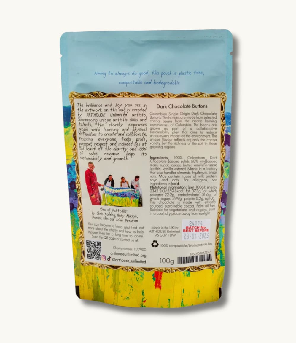 Back of Sea of Daffodils dark chocolate buttons bag with product and ingredient information
