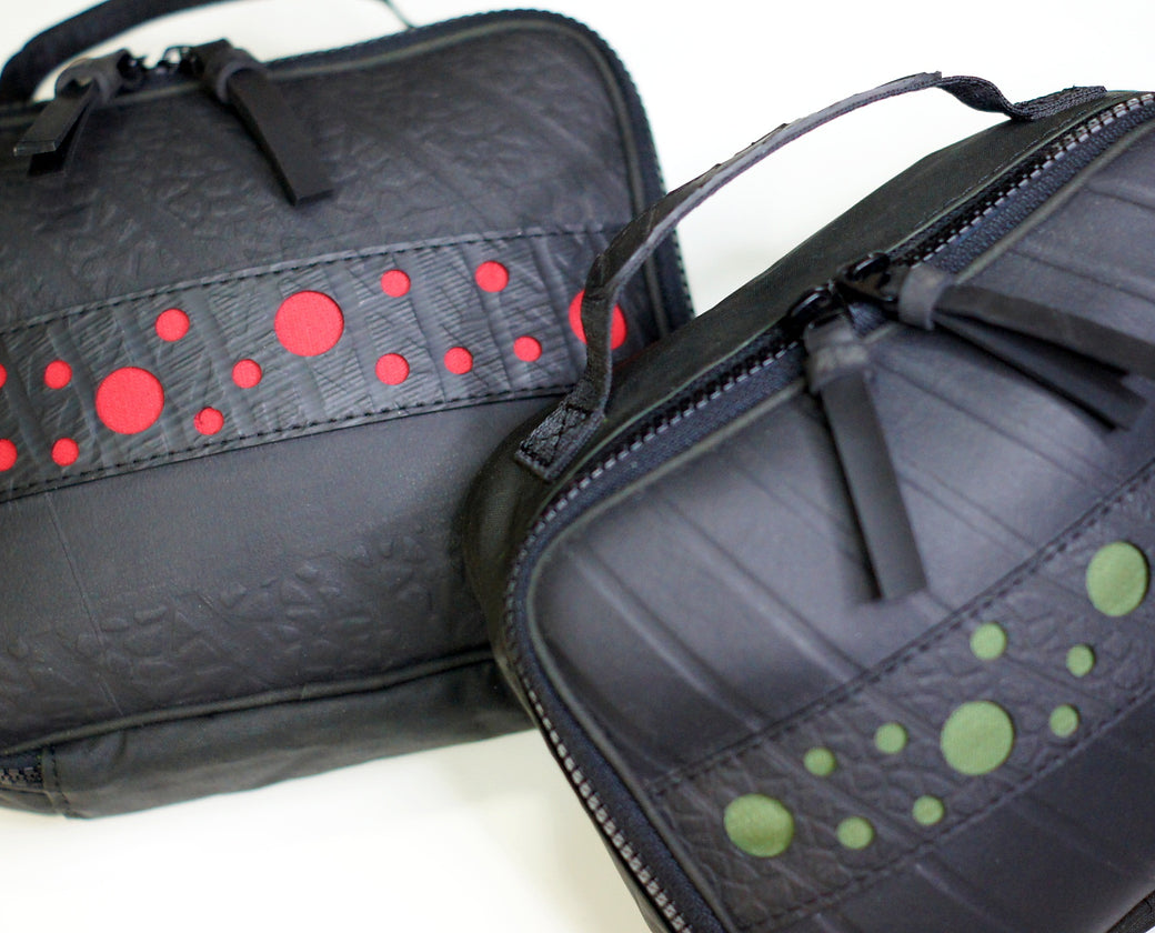 Handcrafted travel organiser from recycled tyre inner tubes, sustainable swag good for people and planet