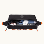 Black recycled PET water-resistant frame bag open, showing organised compartments. Sustainable branded merch
