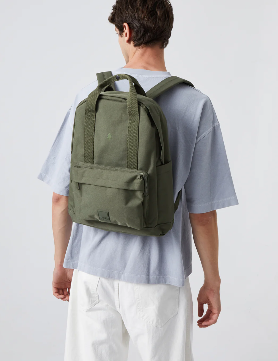 Sustainable Vegan Backpack Olive with padded laptop sleeve, custom logo option.