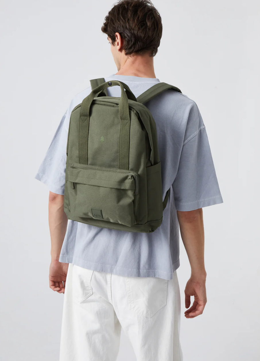 Sustainable Vegan Backpack Olive with padded laptop sleeve, custom logo option.