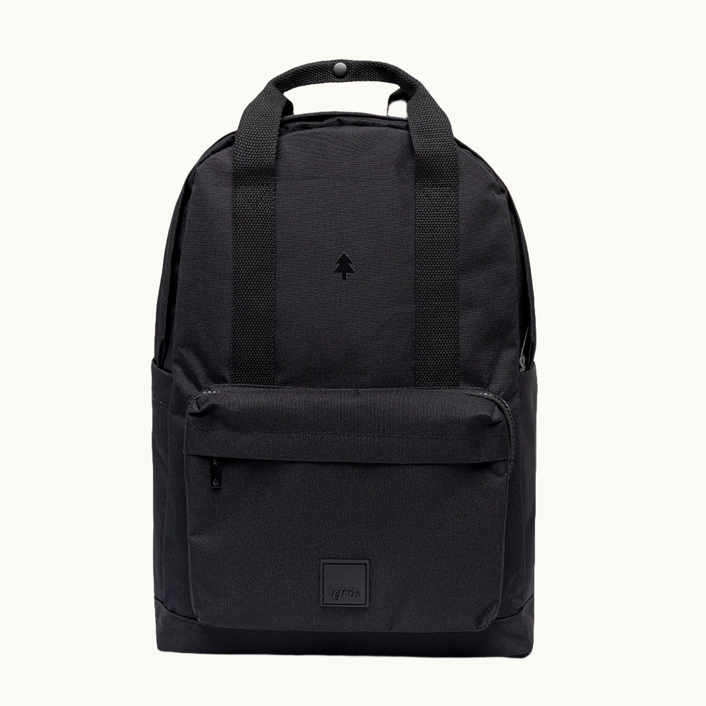 Eco-friendly Vegan Backpack black with laptop sleeve and secure pockets.