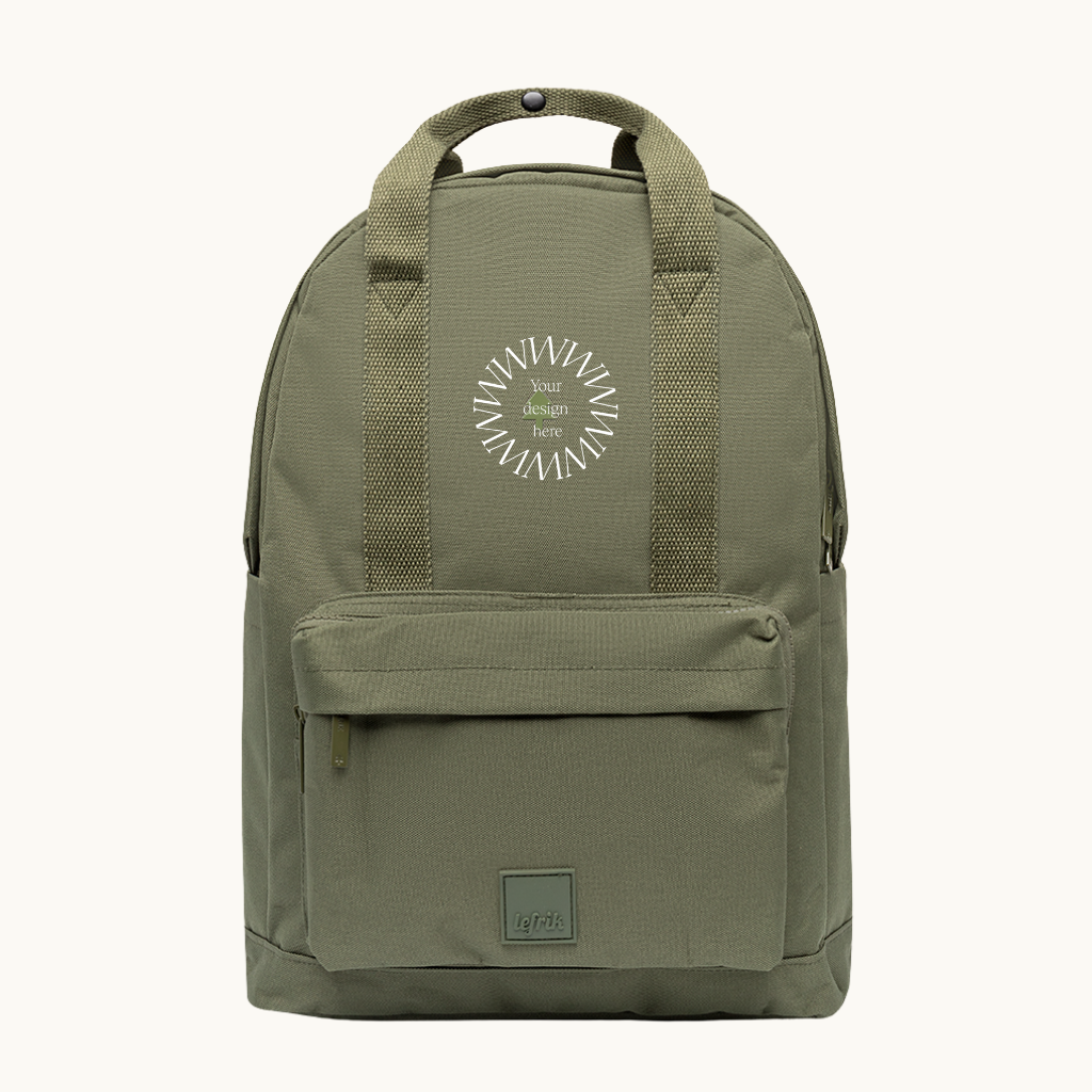 Vegan Backpack Olive made from recycled PET bottles, customise with your logo, women-owned brand.