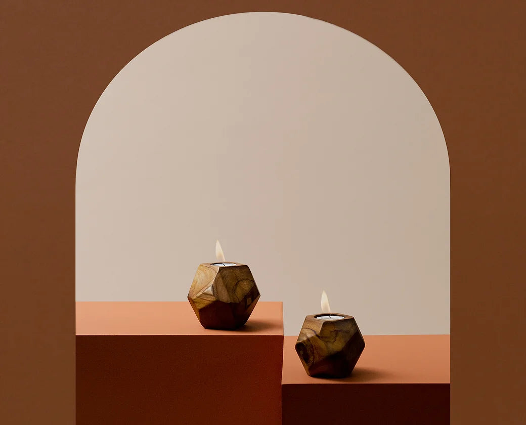Handcrafted geometric wood tealight holders, unique corporate gift for clients