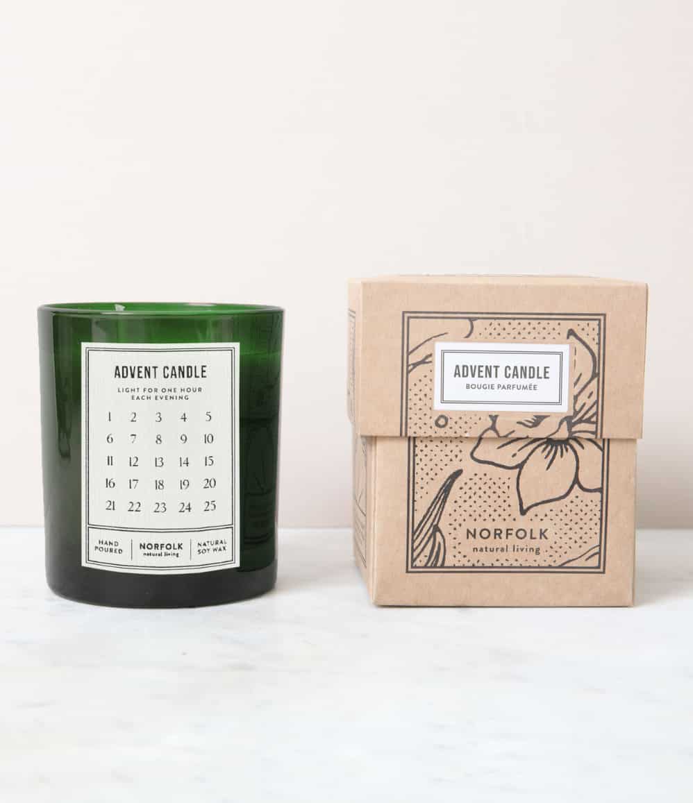 Double-wicked advent candle by Norfolk Natural Living, shown with packaging