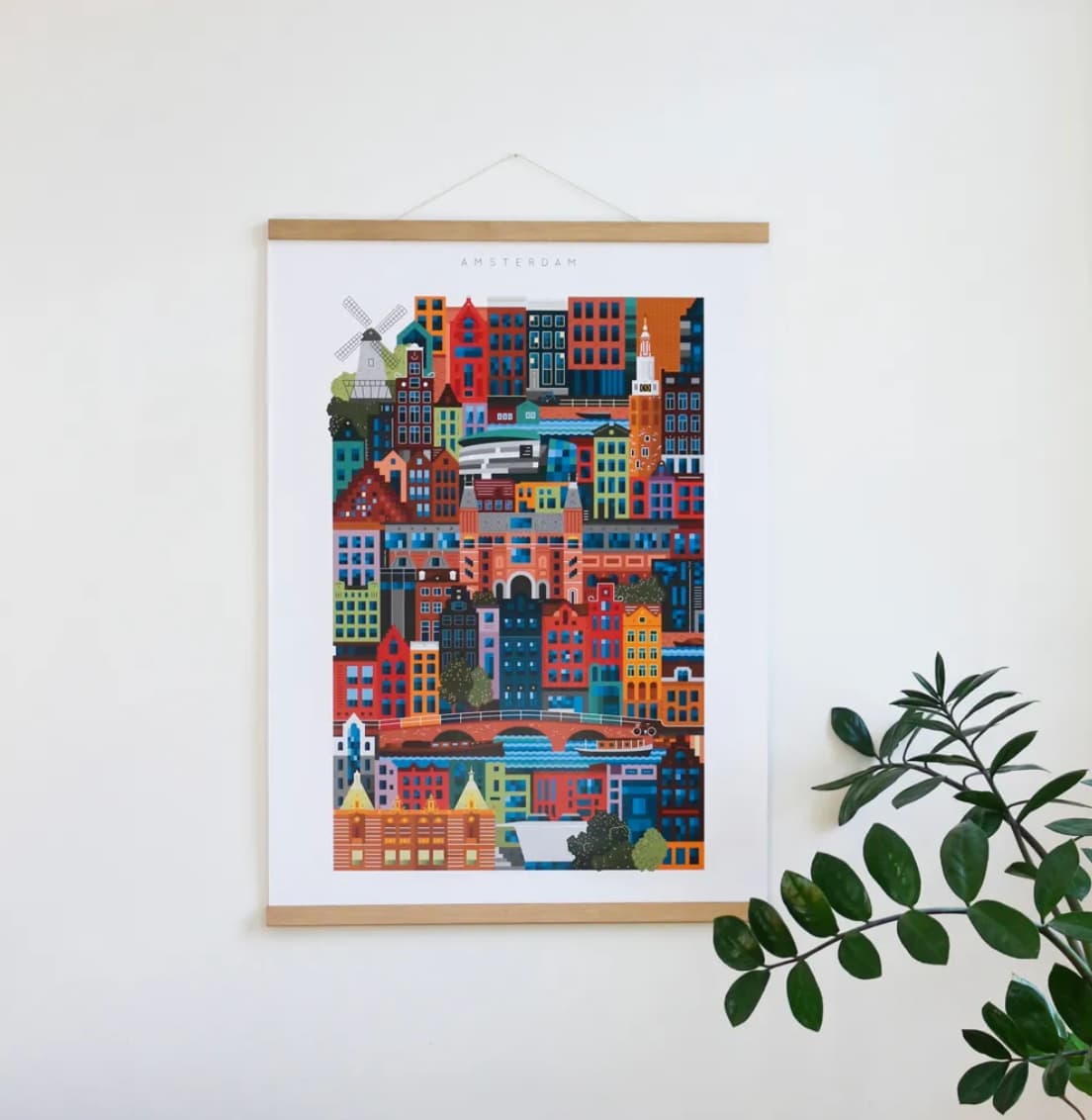 Amsterdam blockprint wall art featuring canals, bicycles and historic buildings. Unique sustainable corporate gift for clients.