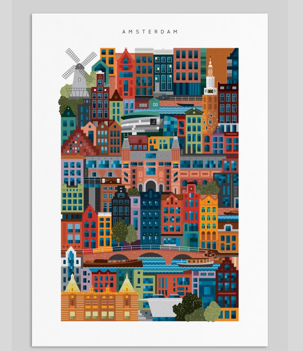 Amsterdam Blockprint featuring the Rijksmuseum, Stedelijk Museum, Van Gogh Museum and De Gooyer Windmill, employee appreciation gift