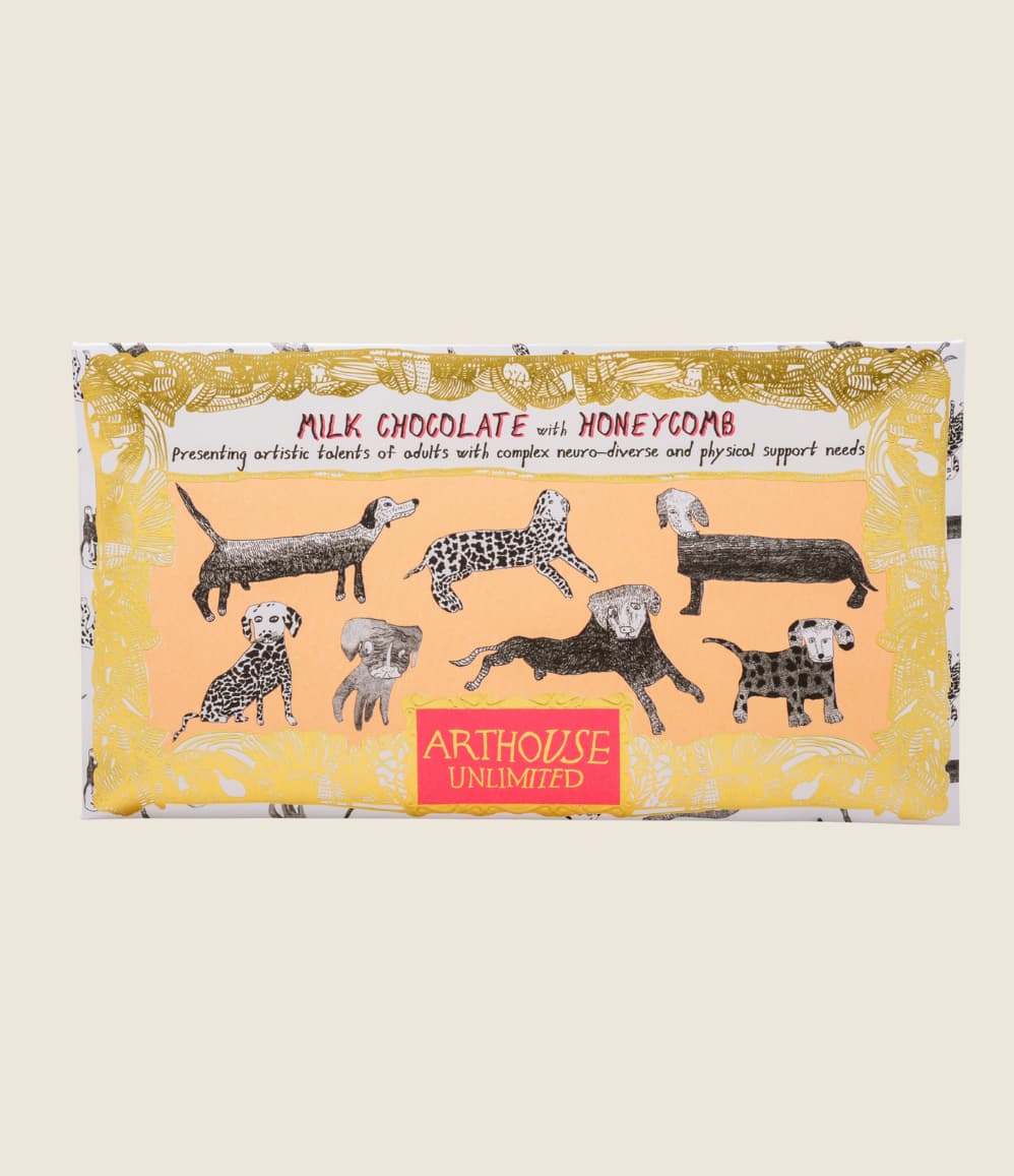 Milk chocolate bar showcasing artist with complex neurodiverse needs. Employee and client gifts with impact 