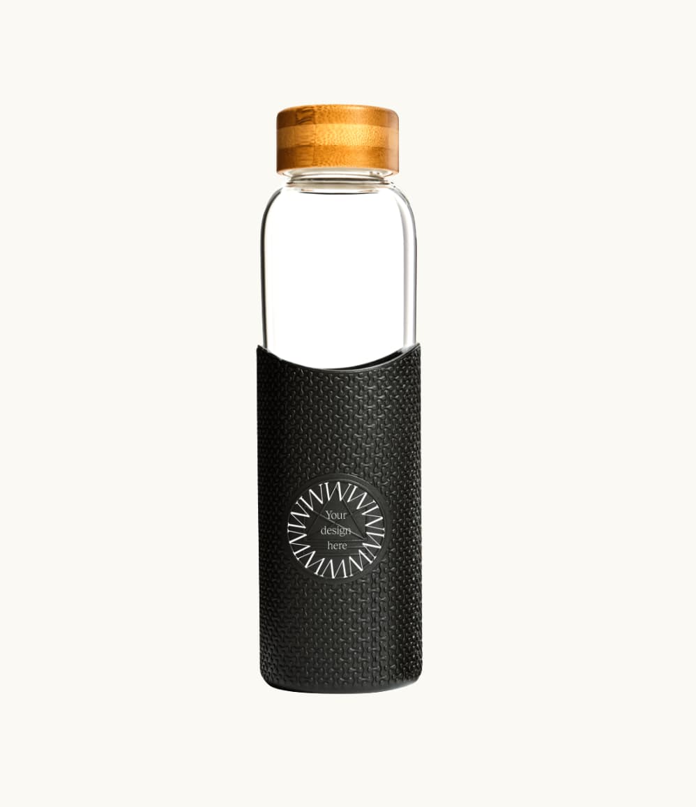 Bamboo Lid Glass Water Bottle in black, showing logo placement