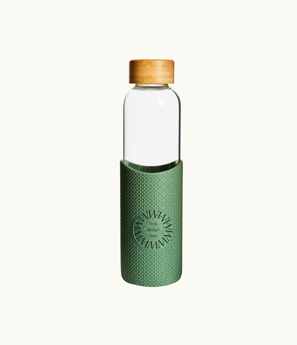 Bamboo Lid Glass Water Bottle in forest green, showing logo placement