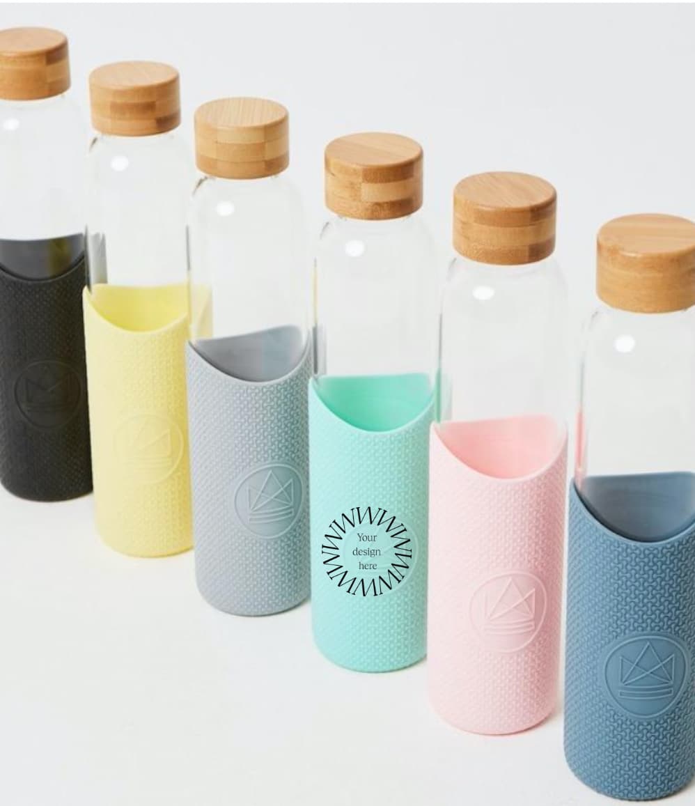Bamboo Lid Glass Water Bottle, all colours together, showing logo placement