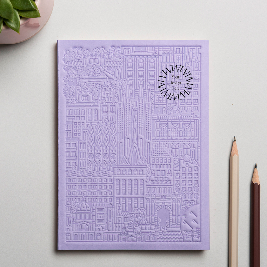 Debossed Barcelona notebook in lavender. Premium corporate gift from women-owned brands.