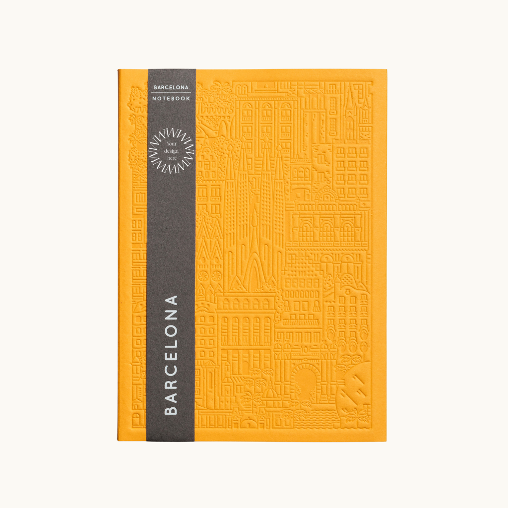Debossed Barcelona notebook in yellow. Premium branded notebook from women-owned brands