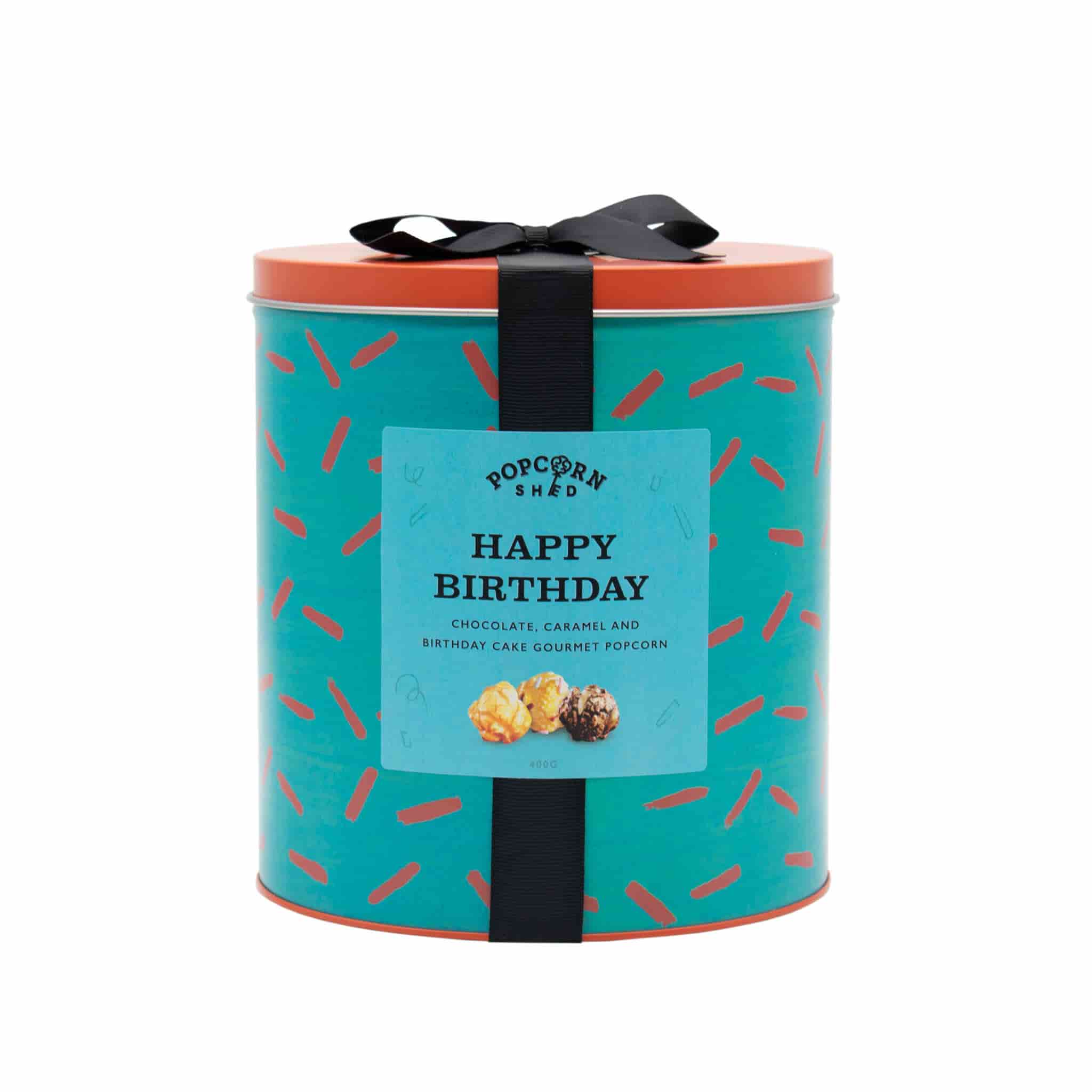 Birthday Gourmet Popcorn Tin, blue, Happy Birthday label, chocolate, caramel and birthday cake flavours