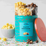 Birthday Gourmet Popcorn Tin, open, showing popcorn