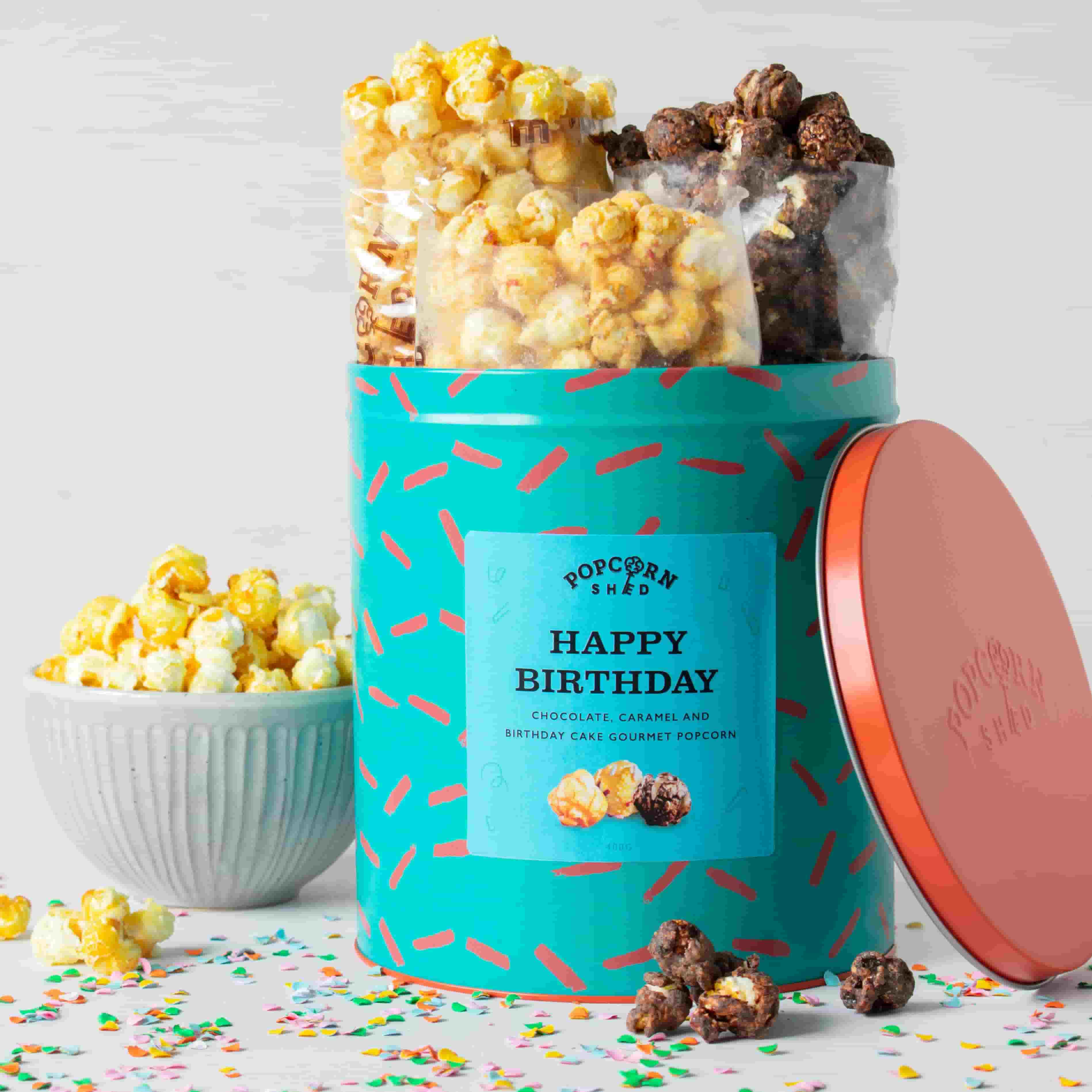 Birthday Gourmet Popcorn Tin, open, showing popcorn
