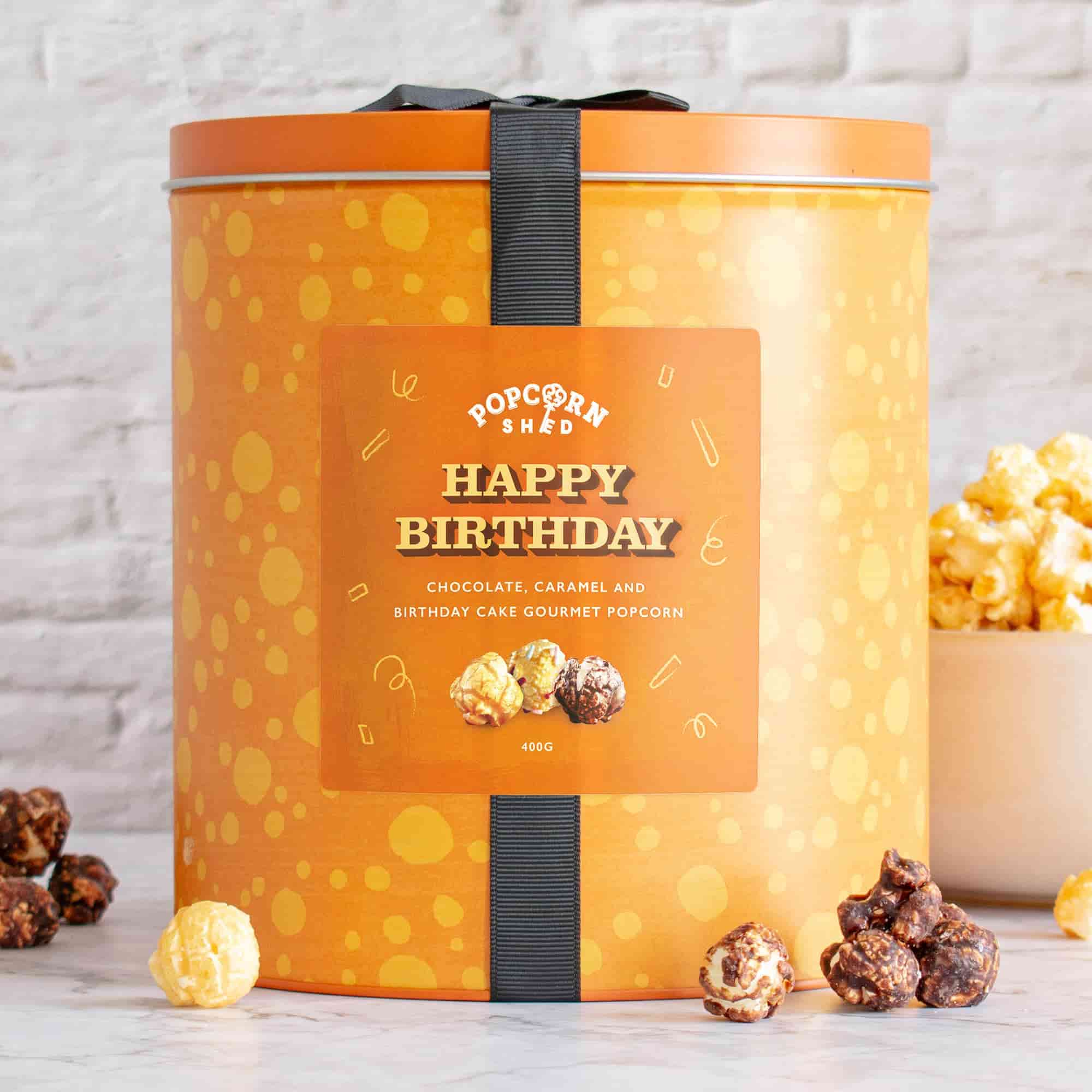 Birthday Gourmet Popcorn Tin, yellow, Happy Birthday label, chocolate, caramel and birthday cake flavours