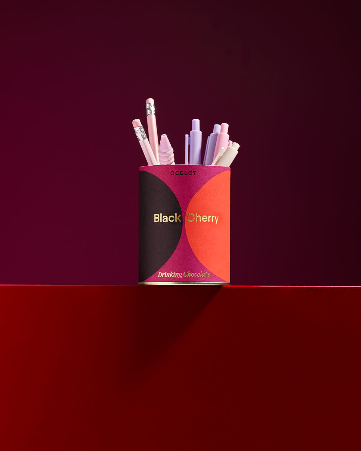 Black Cherry Drinking Chocolate tin reused as a pencil holder
