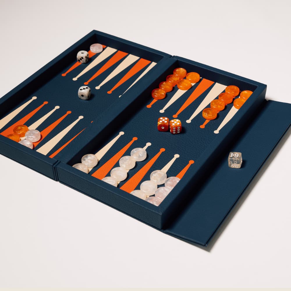 Blue Booklet Leather Backgammon Set, full playing surface with magnetic closure
