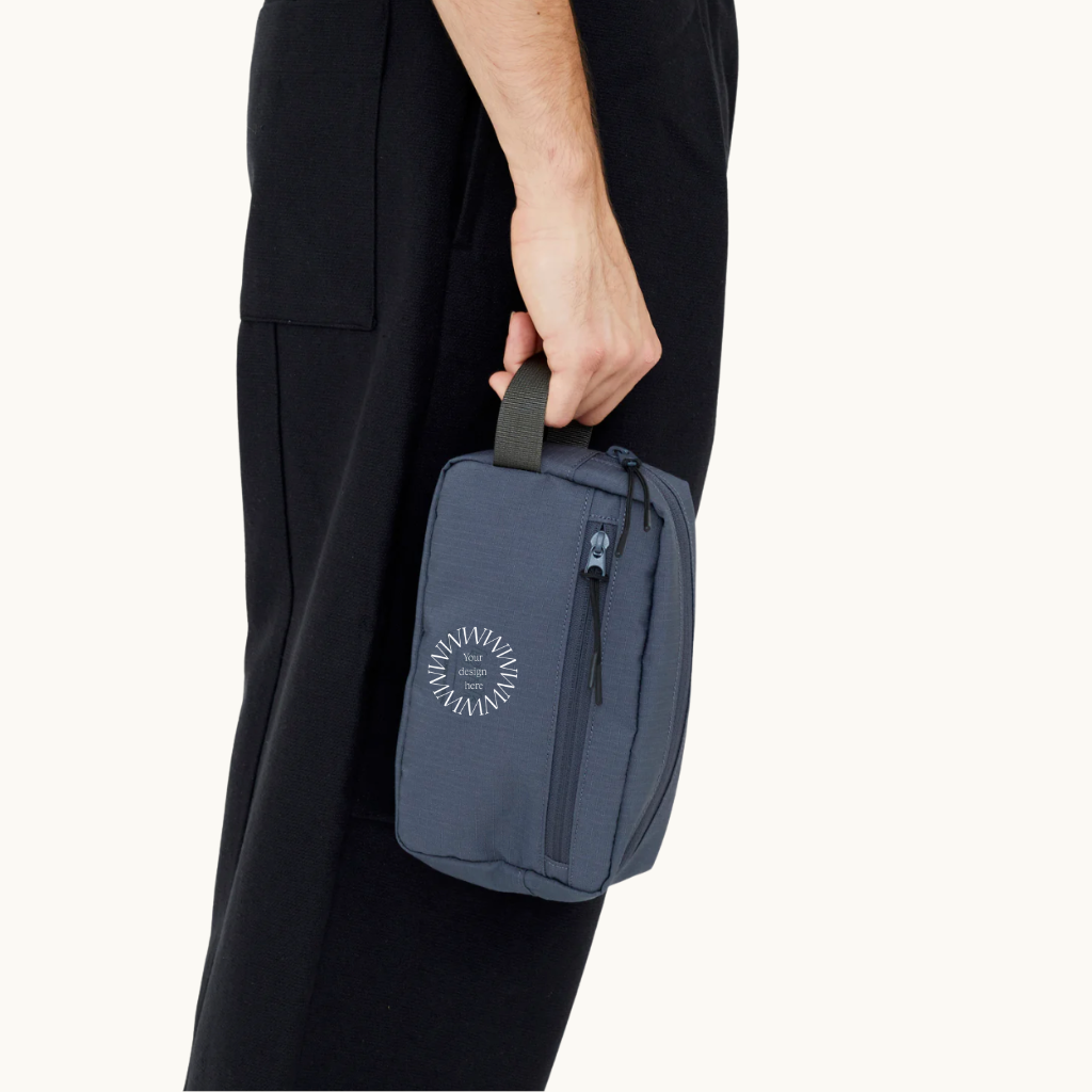 Personalise this blue rPET washbag for eco client gifts and event swag giveaways