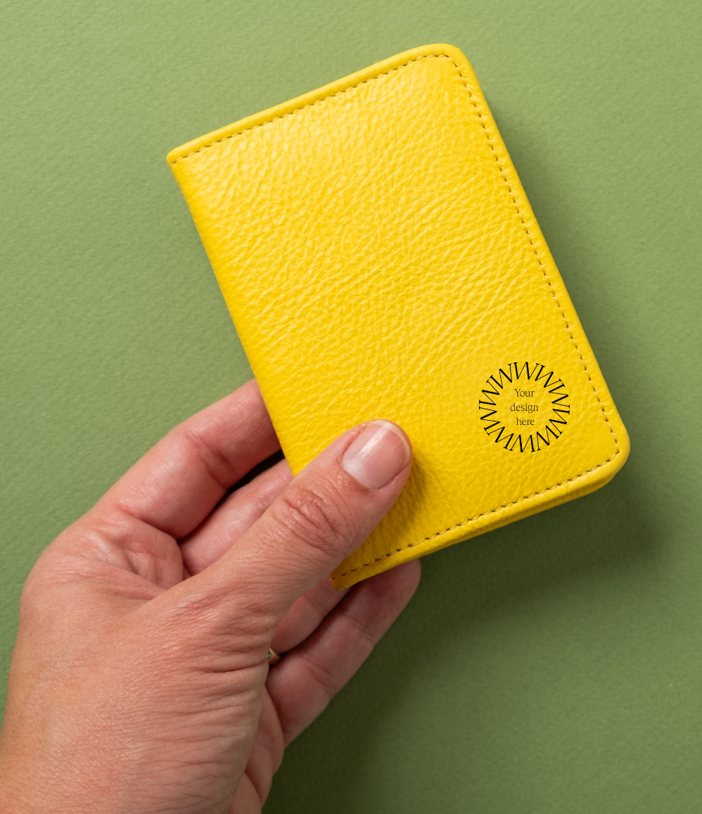 RFID bifold wallet customised with logo for employee onboarding and team gifting.