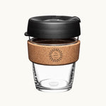 12oz reusable glass cup with a natural cork band, black lid, showing logo placement on the cork band, personalised for employee gifting and conferences