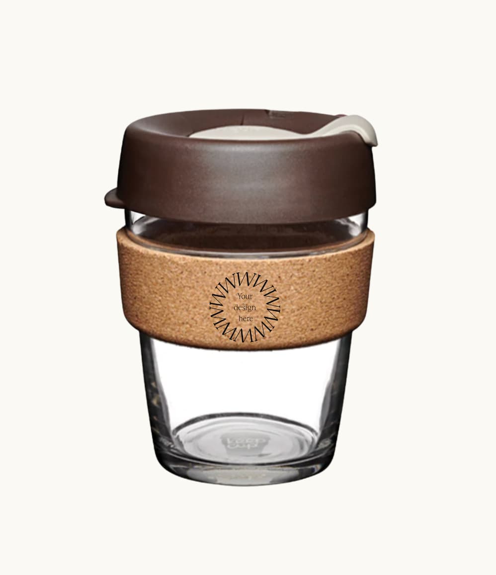 12oz reusable glass cup with a natural cork band, mocha lid, showing logo placement on the cork band
