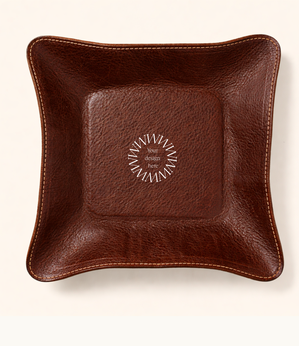 Brown leather desk valet tray for executive corporate gifts