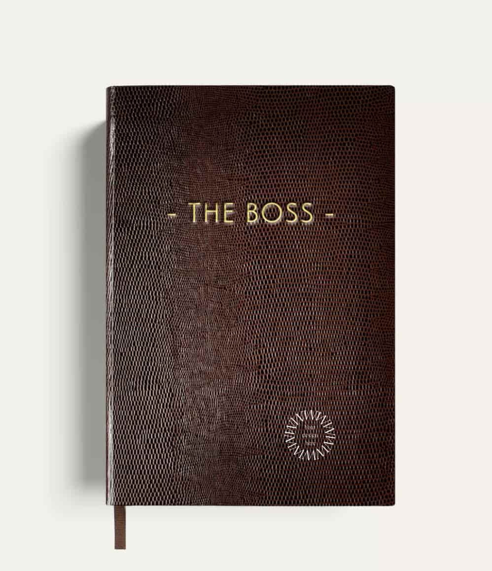 Brown faux lizard The Boss notebook handmade in England with gold lettering, showing logo placement