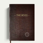 Brown faux lizard The Boss notebook handmade in England with gold lettering, showing logo placement