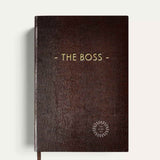 Brown faux lizard The Boss notebook handmade in England with gold lettering, showing logo placement