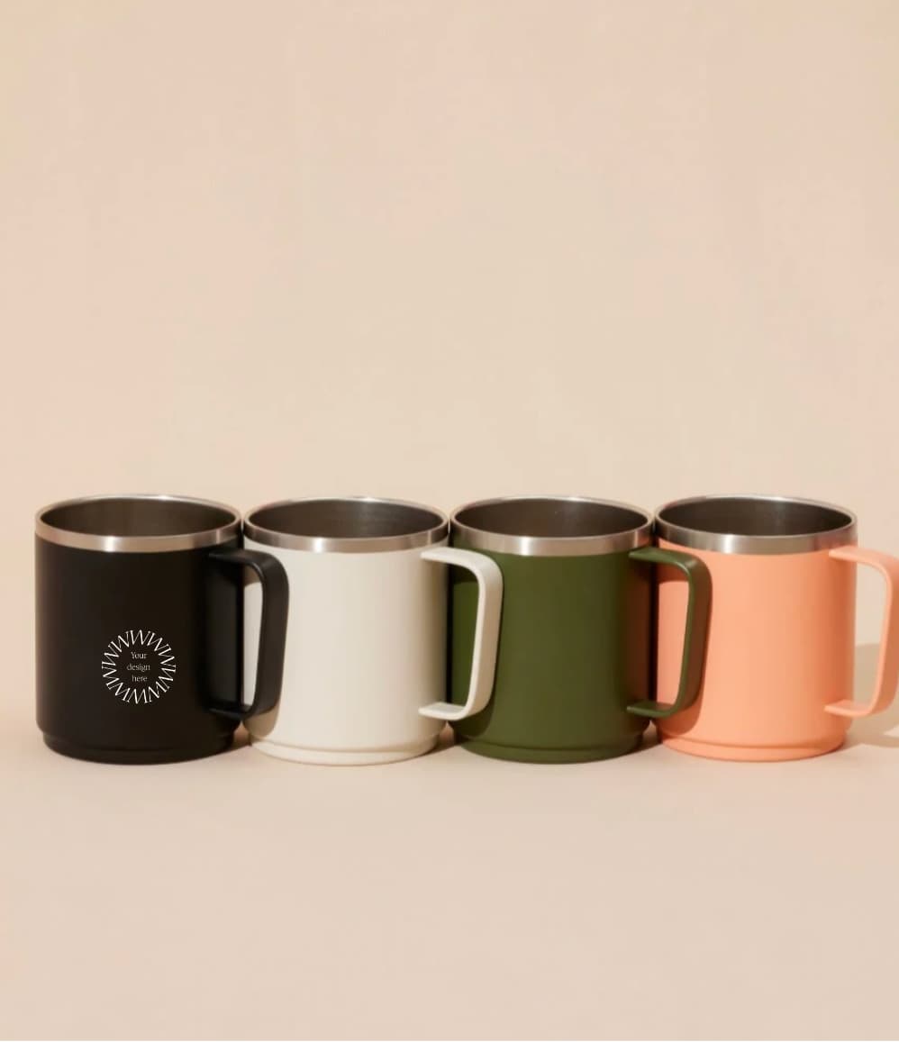 Camp Mug in black, showing logo placement