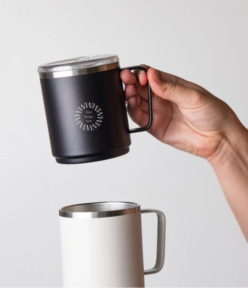 Black recycled steel camp mug, personalised corporate gift from women-owned brand