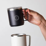 Black recycled steel camp mug, personalised corporate gift from women-owned brand