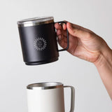 Black recycled steel camp mug, personalised corporate gift from women-owned brand