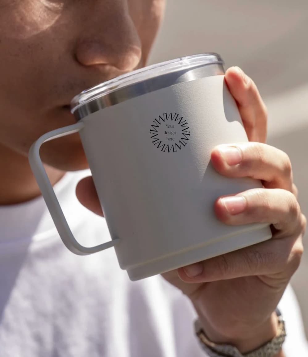 Camp Mug in bone, showing logo placement