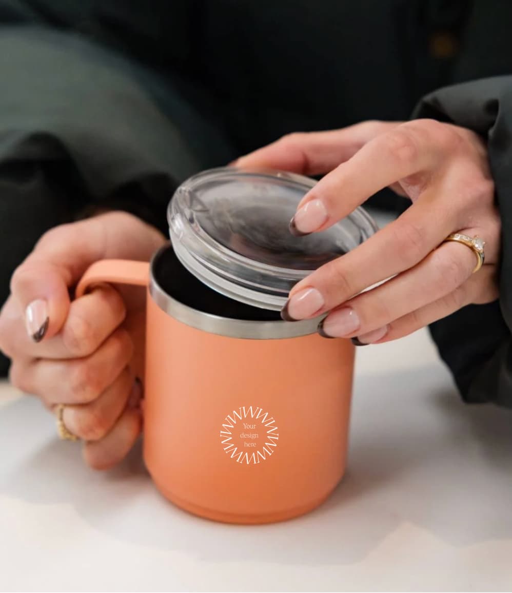 Camp Mug in clay, showing logo placement