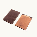 Vintage brown vegan leather card holder showing front and back corporate gift