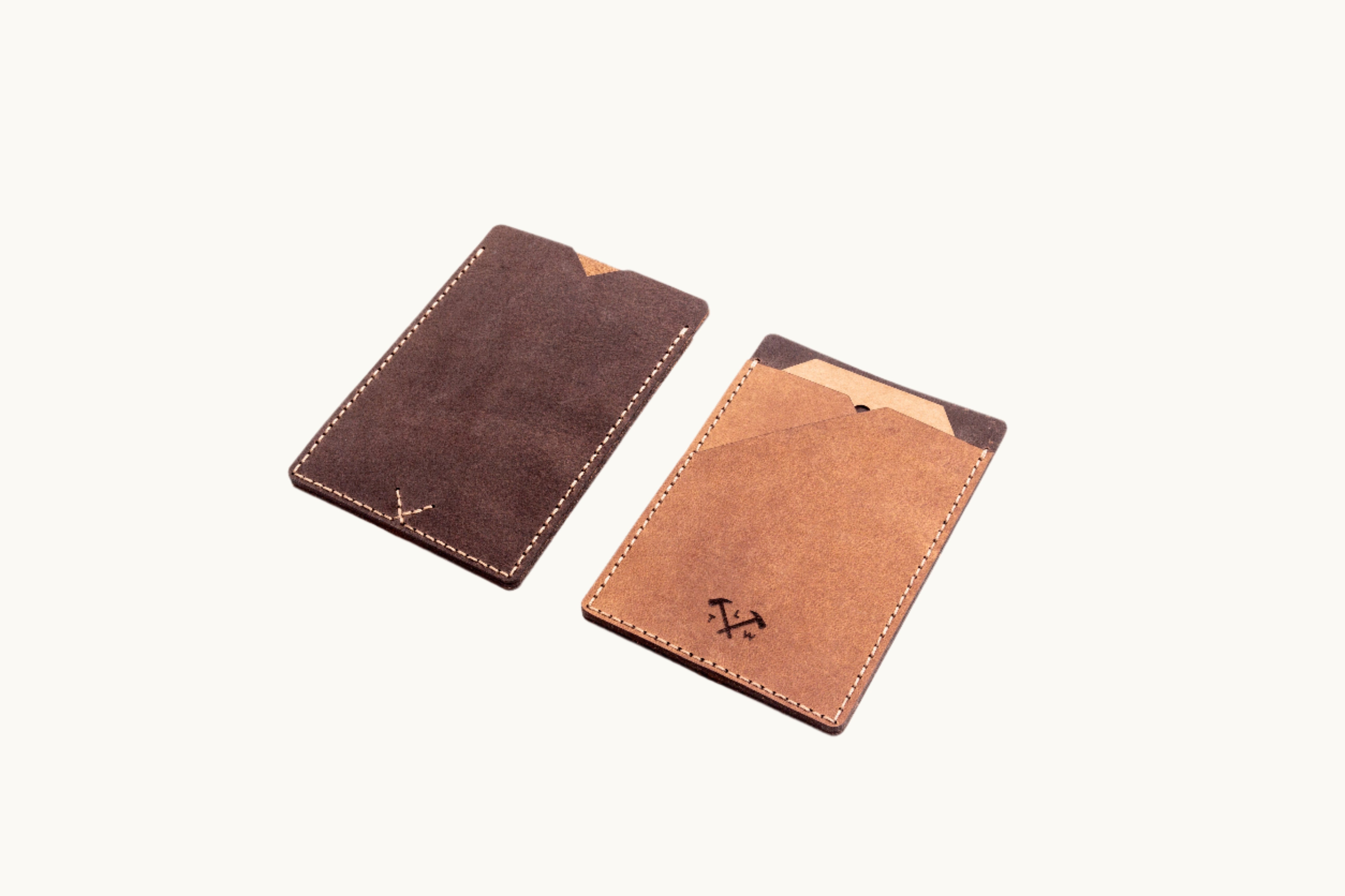 Vintage brown vegan leather card holder showing front and back corporate gift