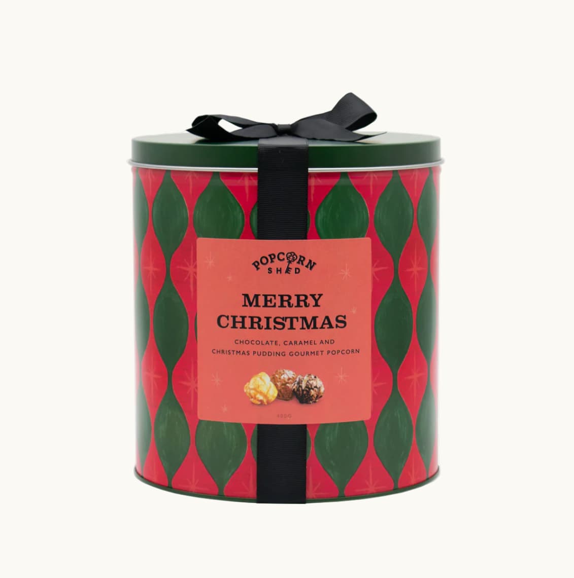 Christmas Popcorn Gift Tin, Merry Christmas label, chocolate, caramel and Christmas pudding gourmet popcorn, closed