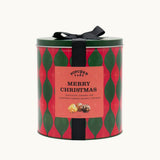 Christmas Popcorn Gift Tin, Merry Christmas label, chocolate, caramel and Christmas pudding gourmet popcorn, closed