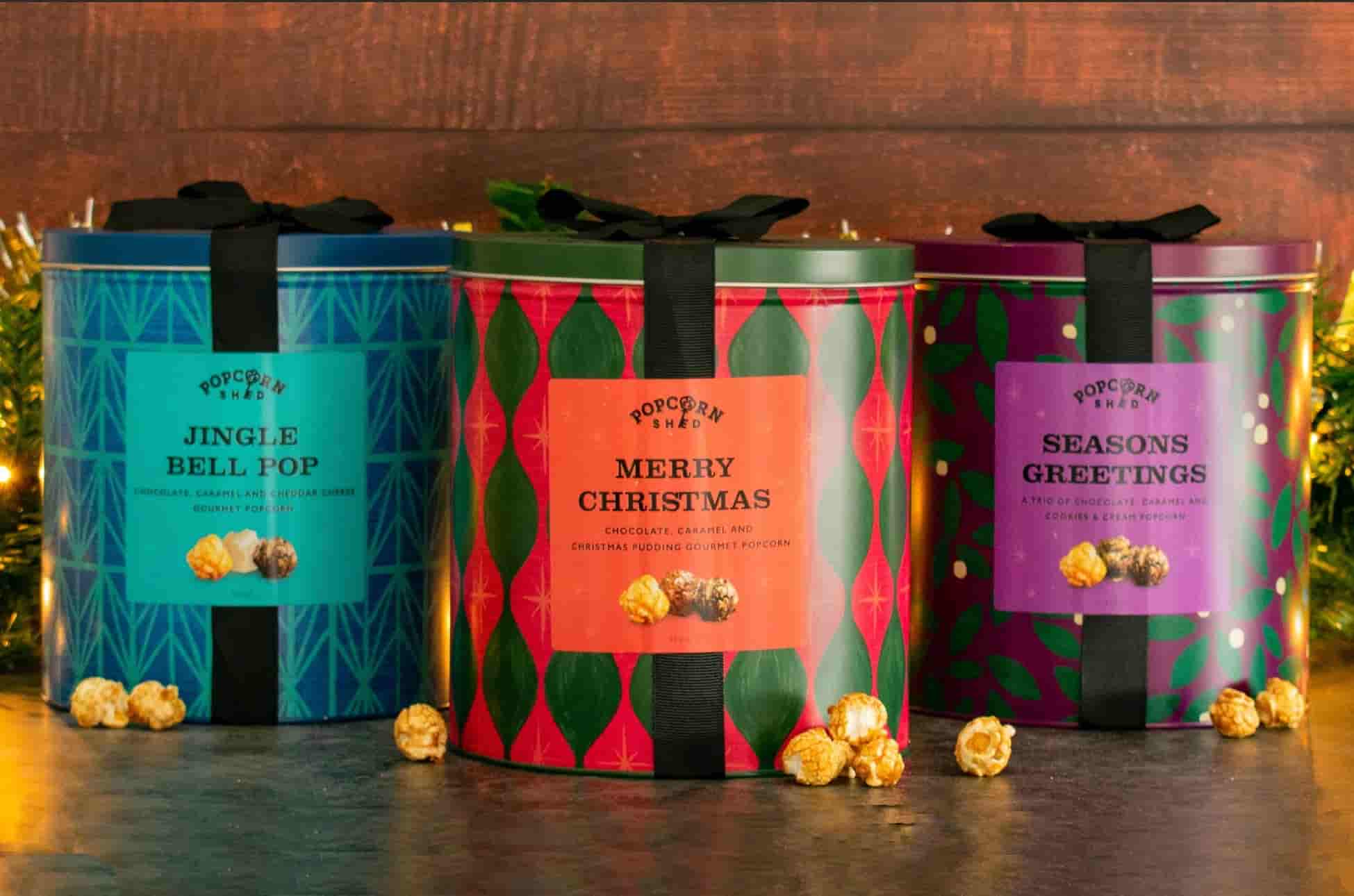 Christmas Popcorn Gift Tin, three tins lined up