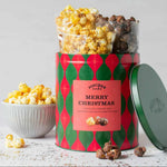 Christmas Popcorn Gift Tin, Merry Christmas label, chocolate, caramel and Christmas pudding gourmet popcorn, open