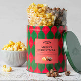 Christmas Popcorn Gift Tin, Merry Christmas label, chocolate, caramel and Christmas pudding gourmet popcorn, open