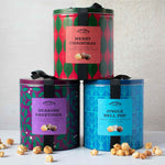Christmas Popcorn Gift Tin, three flavours, Merry Christmas, Seasons Greetings and Jingle Bell Pop labels
