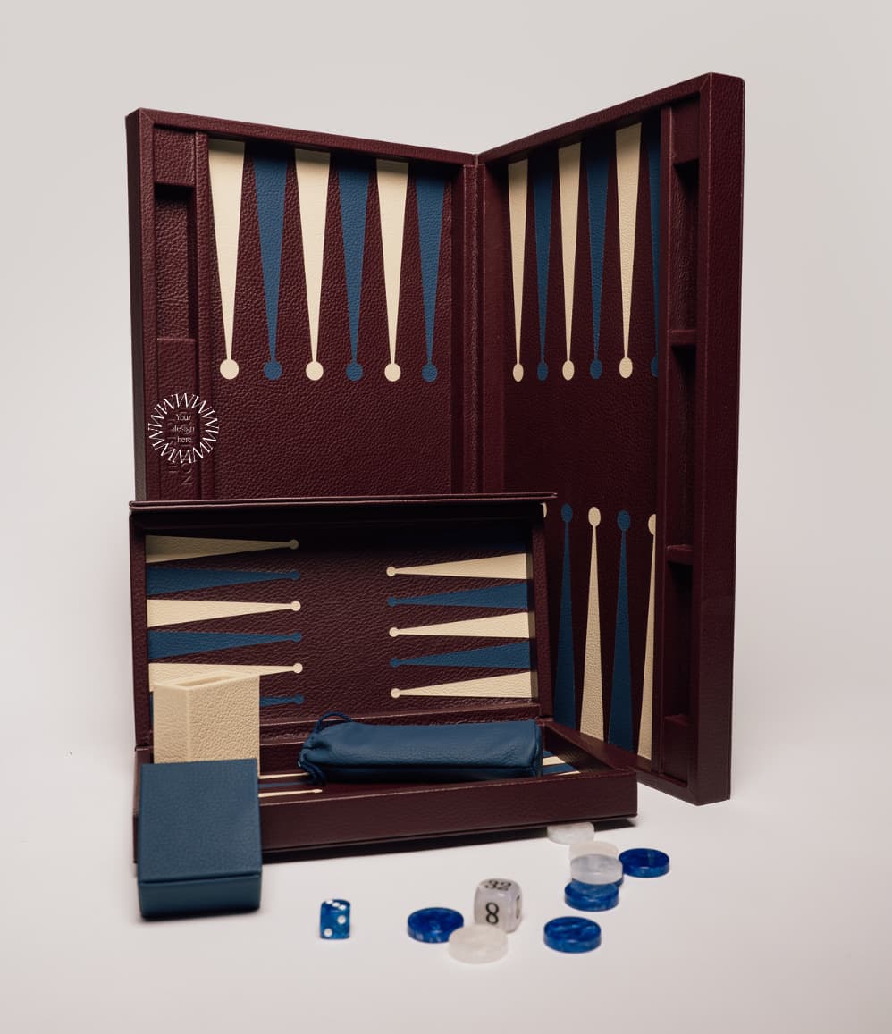 Burgundy classic leather backgammon set open, showing the full playing surface and high-grade resin stones.