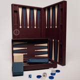 Burgundy classic leather backgammon set open, showing the full playing surface and high-grade resin stones.